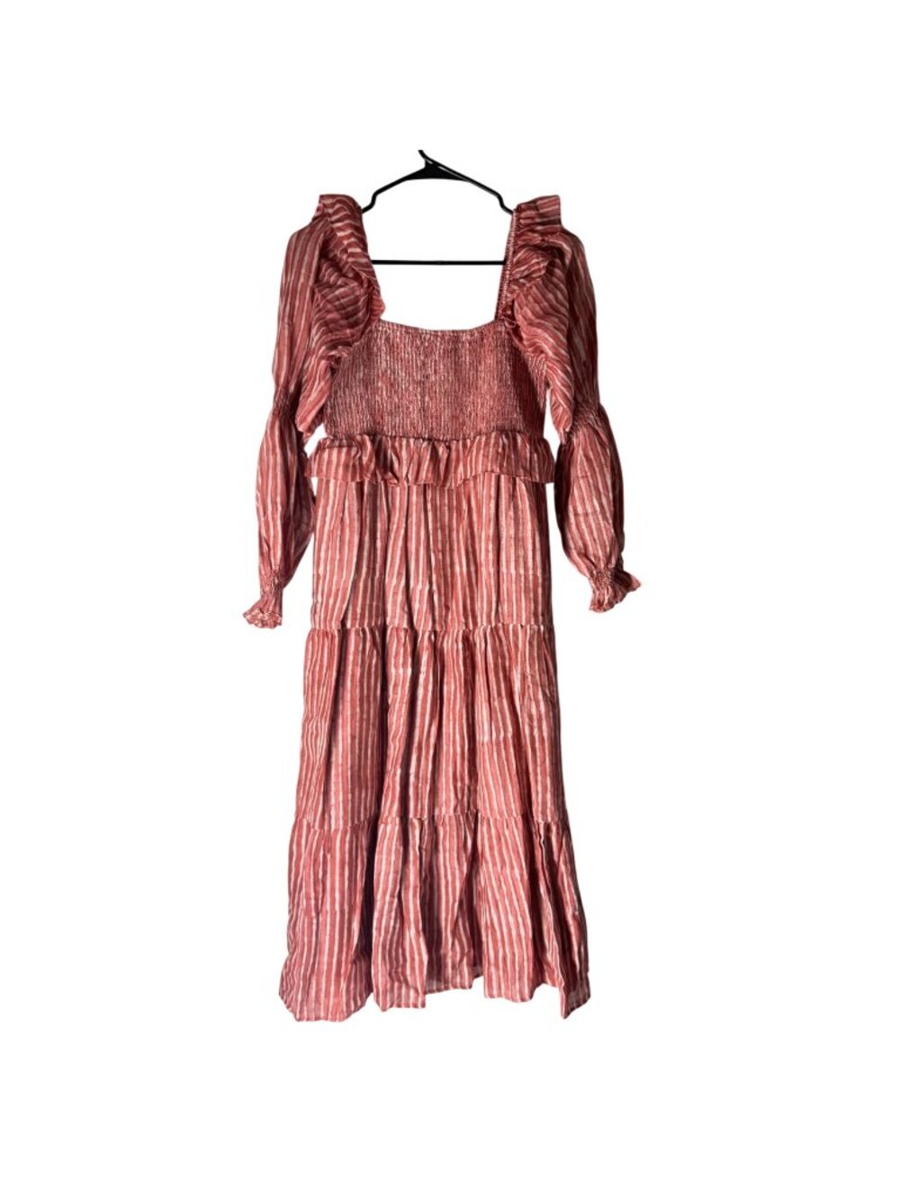 Frances Hart Red Striped Smocked Ruffle Tiered Maxi Dress Womens Size XSmall